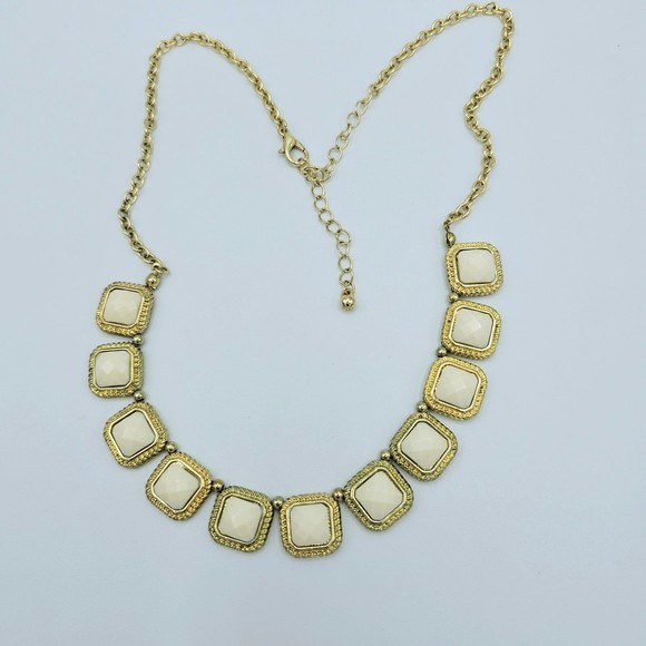 Square Station Necklace Cream Gems Goldtone Picture Frame Feminine Jewelry - Picture 5 of 8